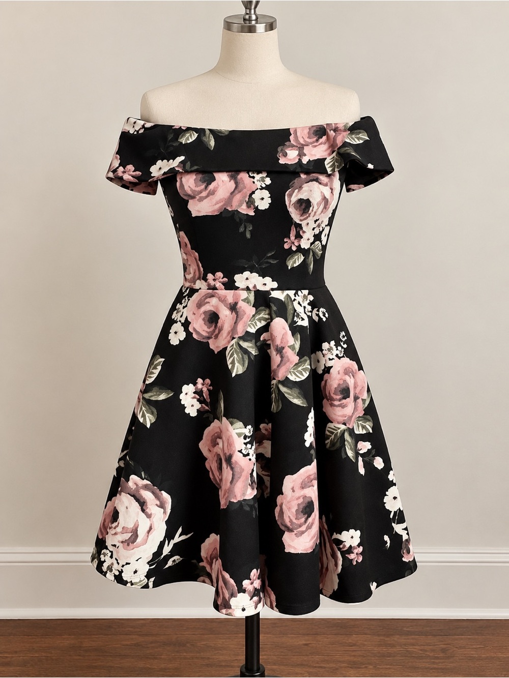 Off-Shoulder Floral Fit & Flare Dress in Black and Pink